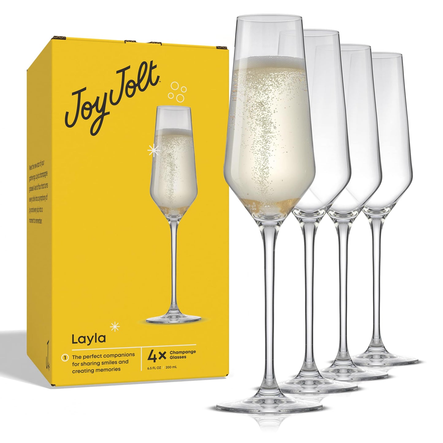 JoyJolt Champagne Flutes – Layla Collection Crystal Champagne Glasses Set of 4 – 6.7 Ounce Capacity – Ideal for Home Bar, Special Occasions