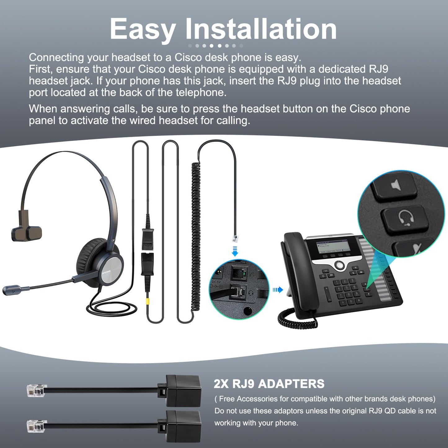 Wired Phone Headset One Ear, Call Center Office Telephone Headset with U10 RJ9 Cable, Works for Cisco Deskphone CP-7841 7931G 7940 7941G 7942G 7945G 7960 7961G 7962G 7965G 7970 8841 8865 8961 9951