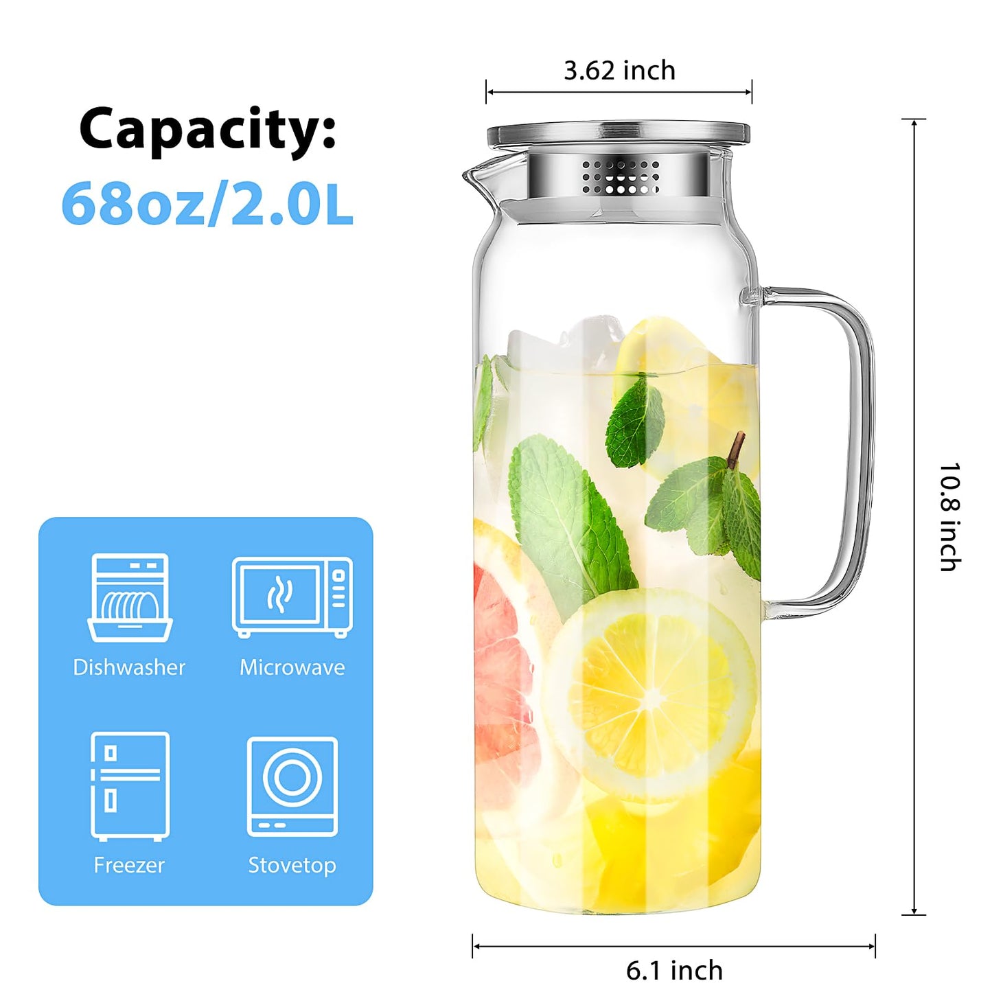 2 Pack Glass Water Pitcher, 2 L Glass Pitcher with Lid and Handle, Clear Iced Tea Pitcher Glass Milk Pitcher Heat Resistant Water Jug Juice Pitcher for Fridge Beverage Carafe