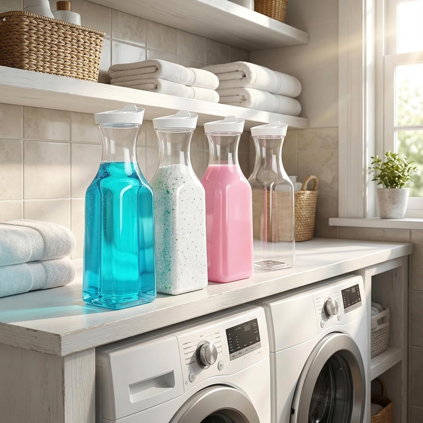 Goaste 8 Pack laundry soap dispenser, 54oz Laundry Detergent Dispenser Bottle with Waterproof Label, Liquid Laundry Detergent Container, Plastic Fabric Softener Organizer for Bleach Powder Beads