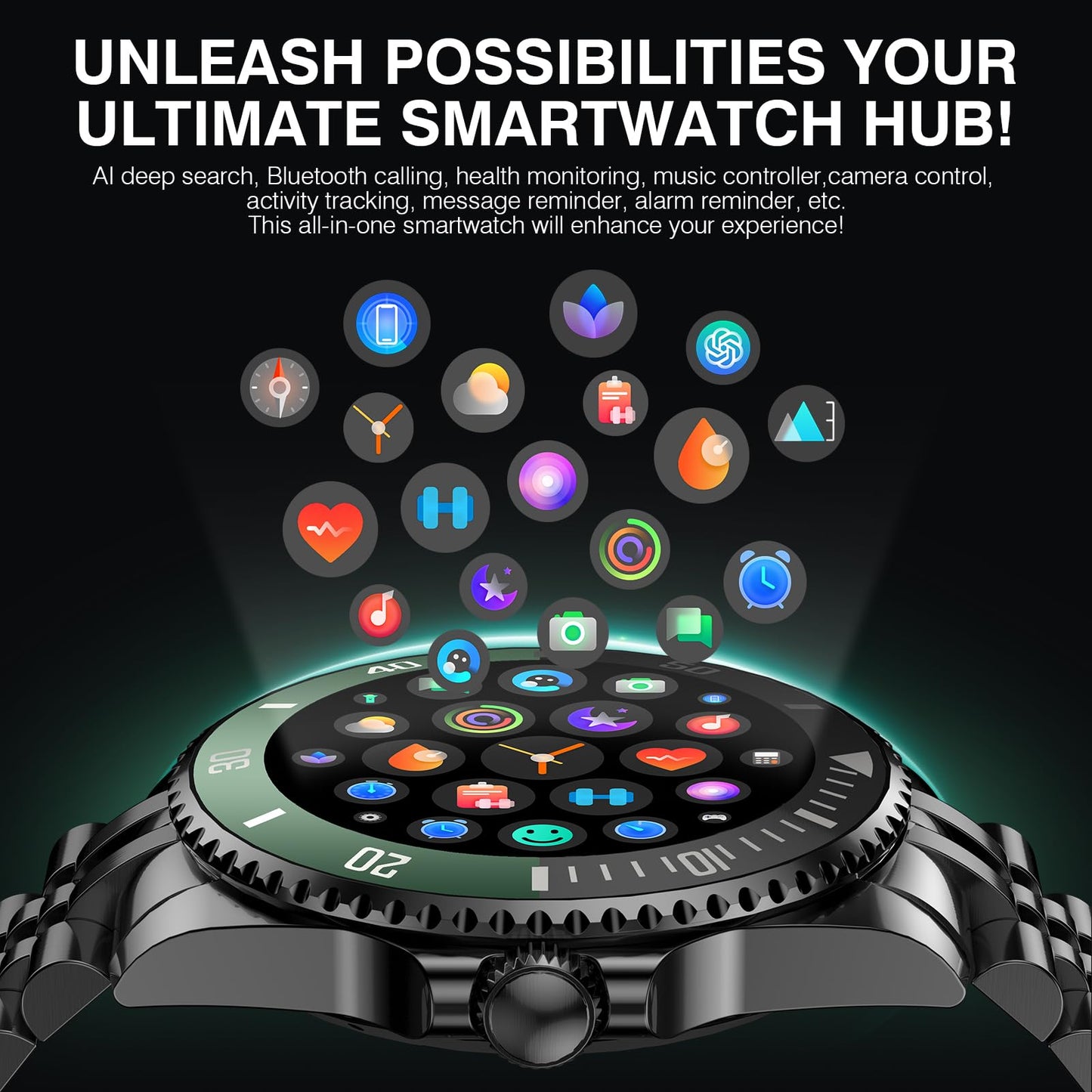 2025 DA GPT Smart Watch with Bluetooth Call, Heart Rate, Stress, Blood Oxygen, Sleep Monitor, 107 Sports Modes, Waterproof Round Watch, 1.19-inch AMOLED Display, Compatible Android and iOS Black Green