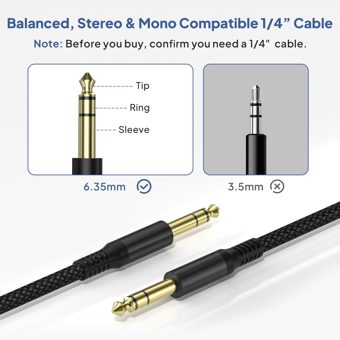 Elebase 1/4 Inch TRS Instrument Cable 20ft 2Pack,Straight 6.35mm Male Jack Stereo Audio Interconnect Cord,6.35 Balanced Line Compatible for Electric Guitar,Bass,Keyboard,Mixer,Amplifier