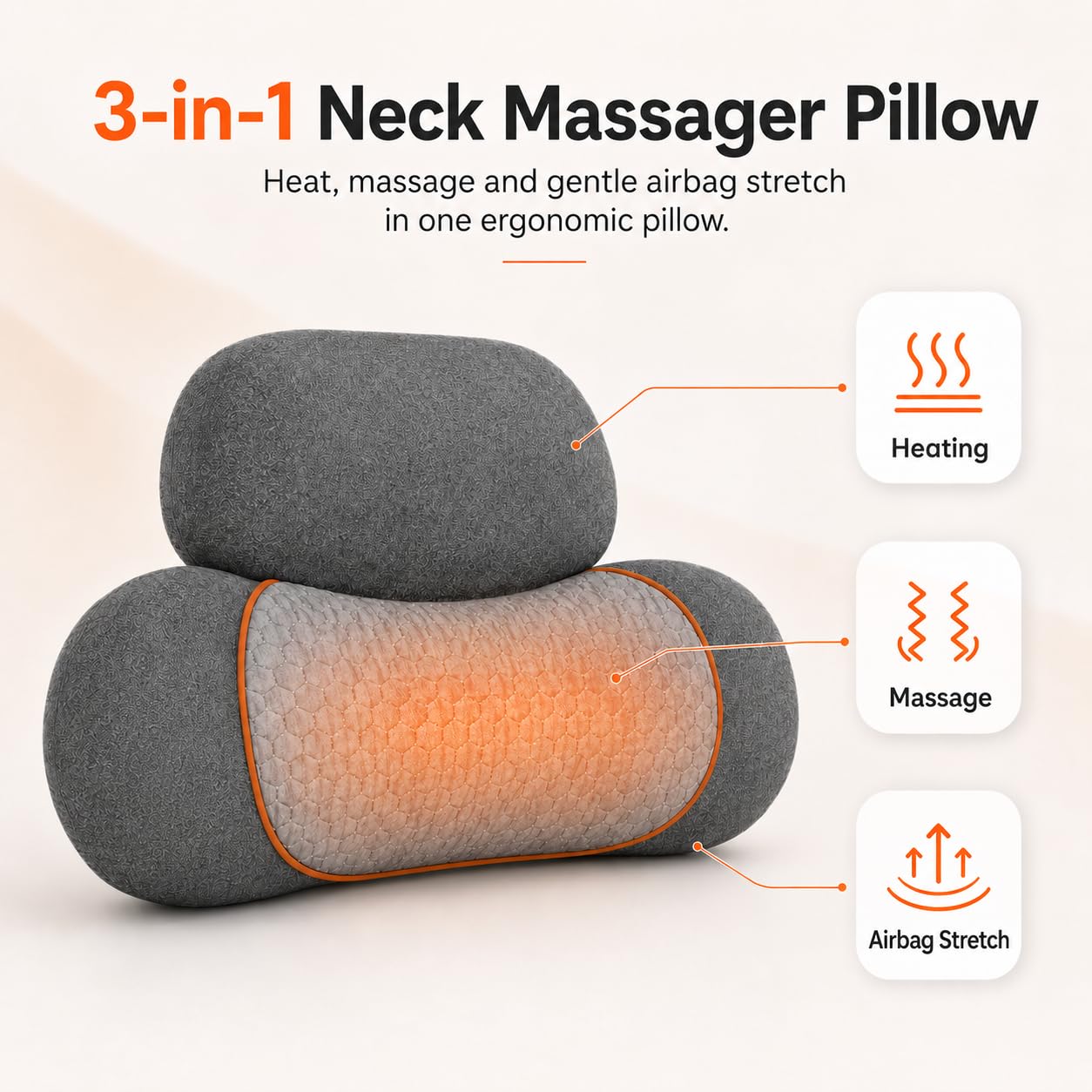 3 in 1 Heated Neck Massage Pillows with Heat for Pain Relief Deep Tissue, Rechargeable Cervical Neck Hump Corrector, Wireless Pillow Supports (No Washable Cover)