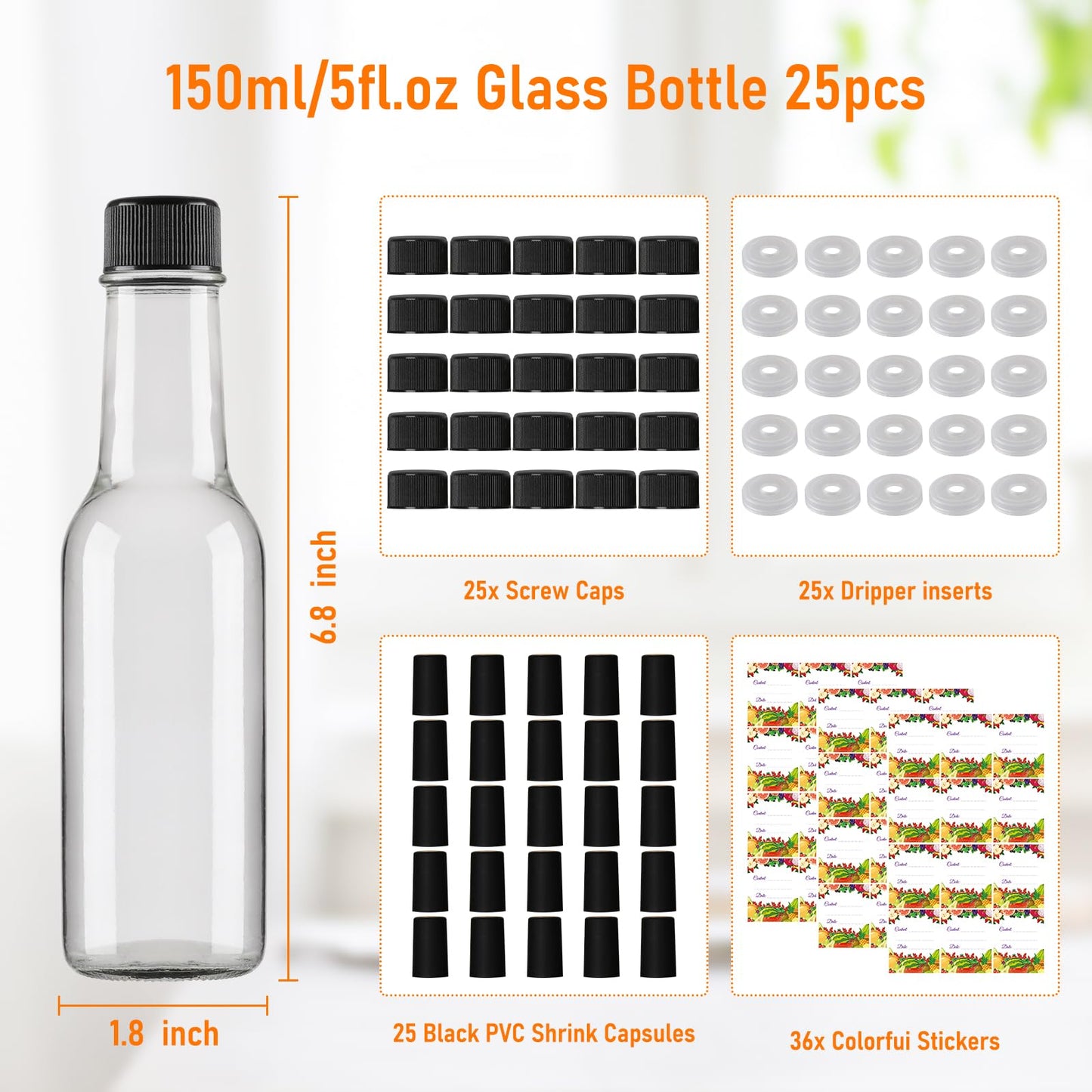EkkoVla 25 Pack 5 oz Clear Glass Hot Sauce Bottle with Black Caps and Orifice Reducers, Clear Woozy Bottles Empty Wine Bottles with Shrink Capsules Colorful Stickers