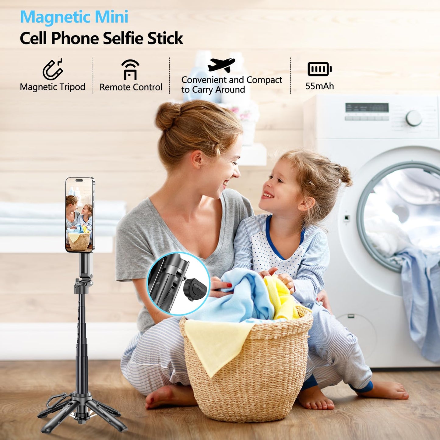 yAyusi Magnetic Mini Phone Selfie Stick，Small Portable Travel Tripod Stand for iPhone, Magnetic Chuck ＆ Clip 2 in 1, with Detachable Remote & 2 Fill Light for Photograph/Live Streaming/Video Recording