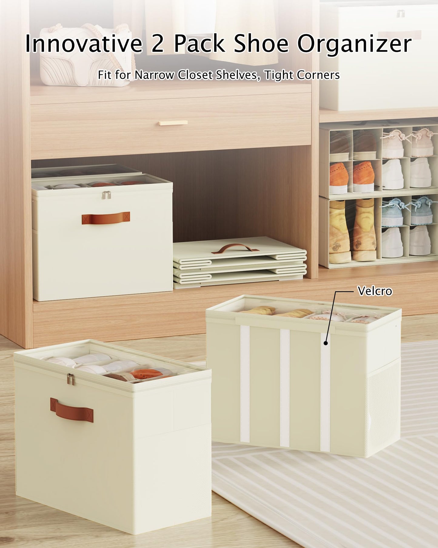 Oterri 2 Pack Shoe Storage Boxes, Shoes Organizer Bins Stackable Detachable Fit for Narrow Closet Shelves and Tight Corners, Shoeboxes with Clear Lids, Mesh Pockets and Sturdy Handles(Beige)