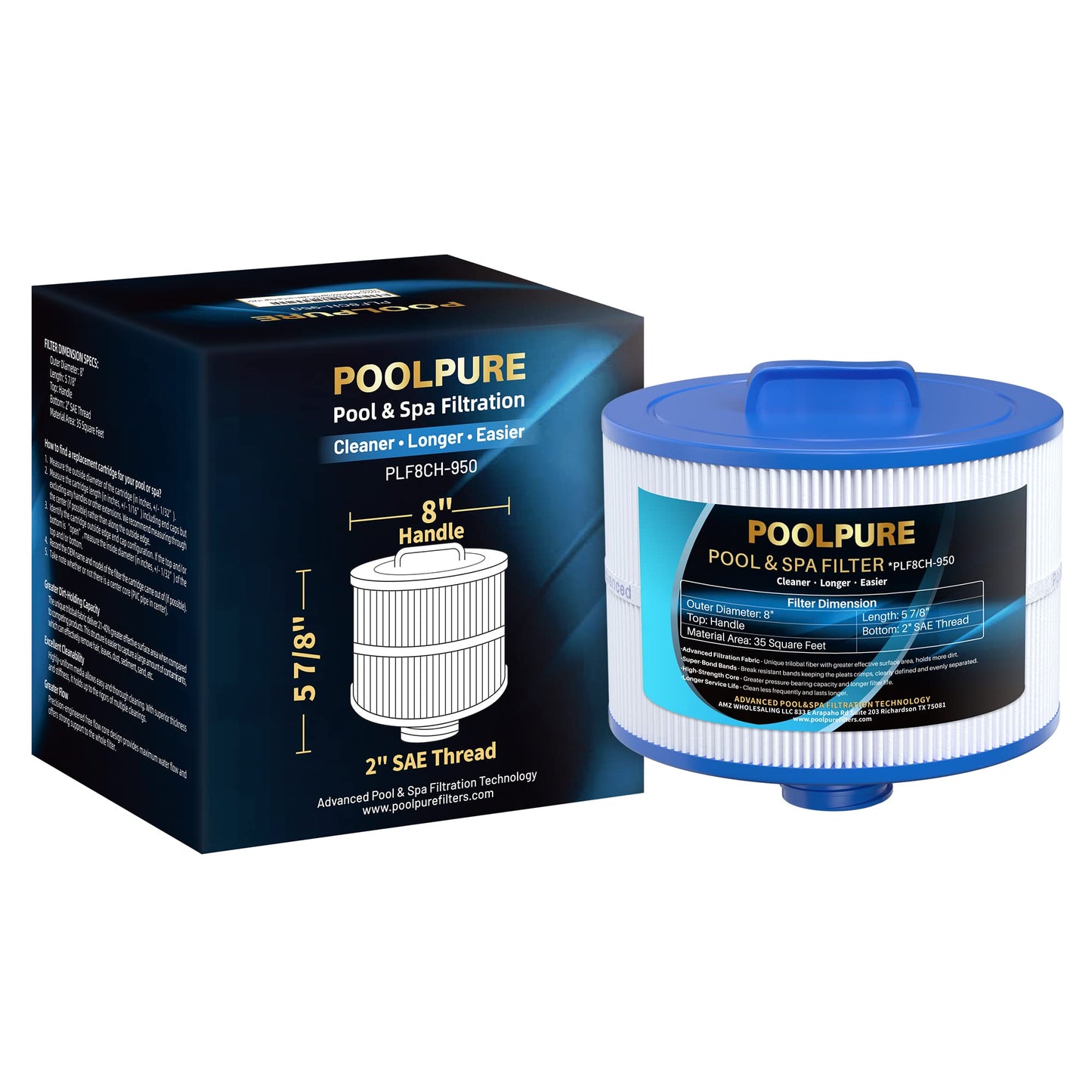POOLPURE 8CH-950 Replacement for 10-2785 Bullfrog Spa Filter, PBF35, PBF50-F2S, Filbur FC-0536, Excel Filters XLS-834, Aladdin 15052, Baleen AK-90311, 2" SAE Thread Bull Frog Spa Filter 1PACK