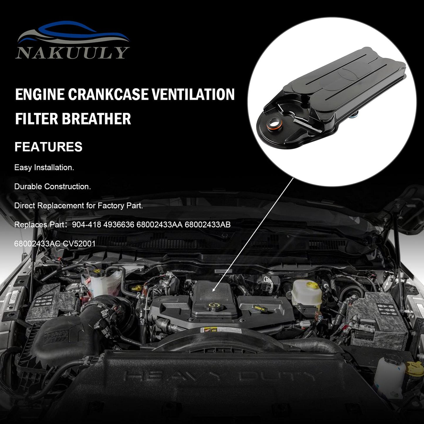 Nakuuly CV52001 Crankcase Ventilation Filter Compatible with 2008-2023 Dodge Ram 2500 3500 4500 5500 Cummins 6.7L ISB Diesel Ford F650 F750 Breather Element CCV Filter # 904-418 68002433AC