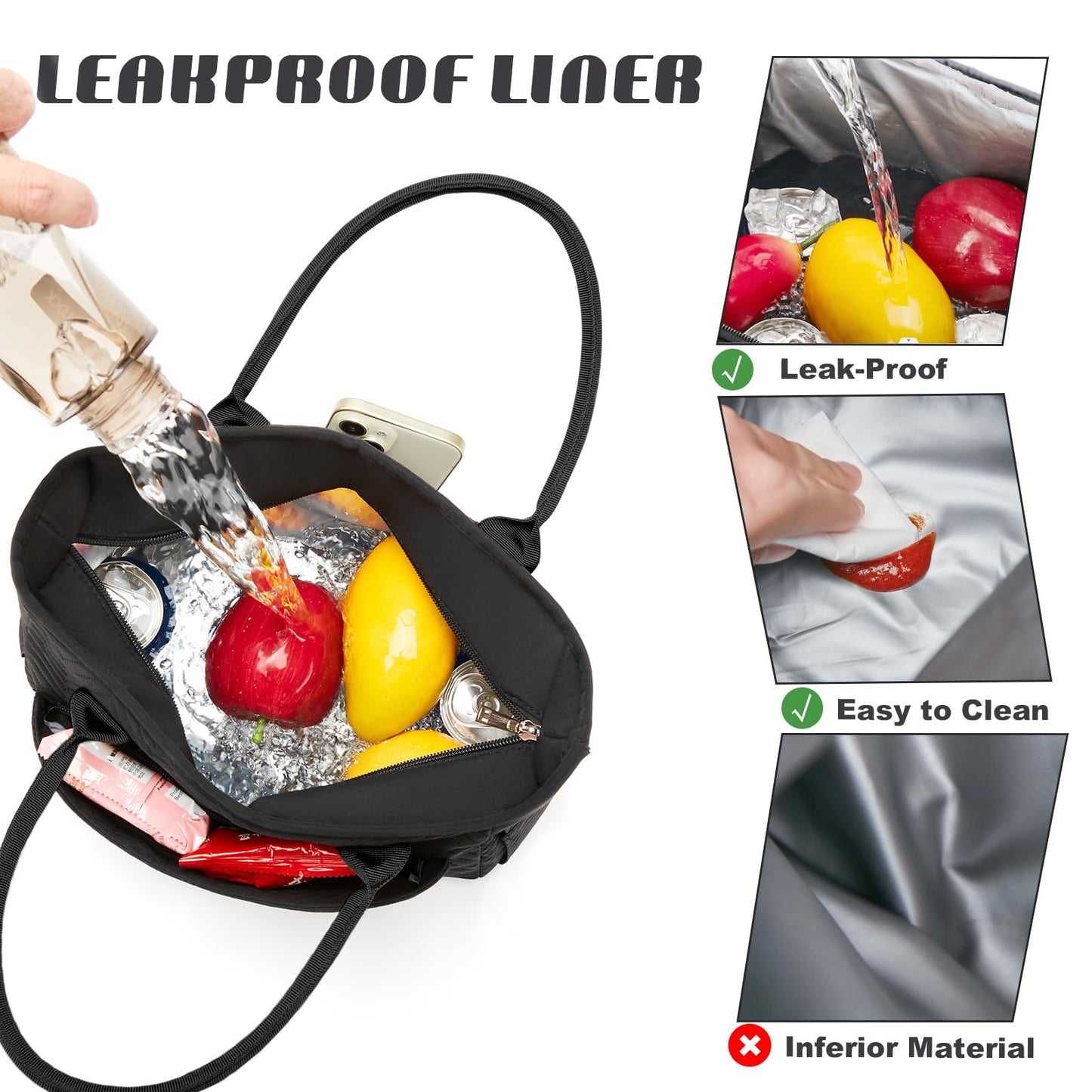 Lunch Bag for Women, Insulated Lunch Box for Work, Large Leakproof Cooler Purse with Side Pockets & Removable Shoulder Strap Women's Lunch Tote Bag for Picnic Work Beach Cute Lunch Bags (Black)