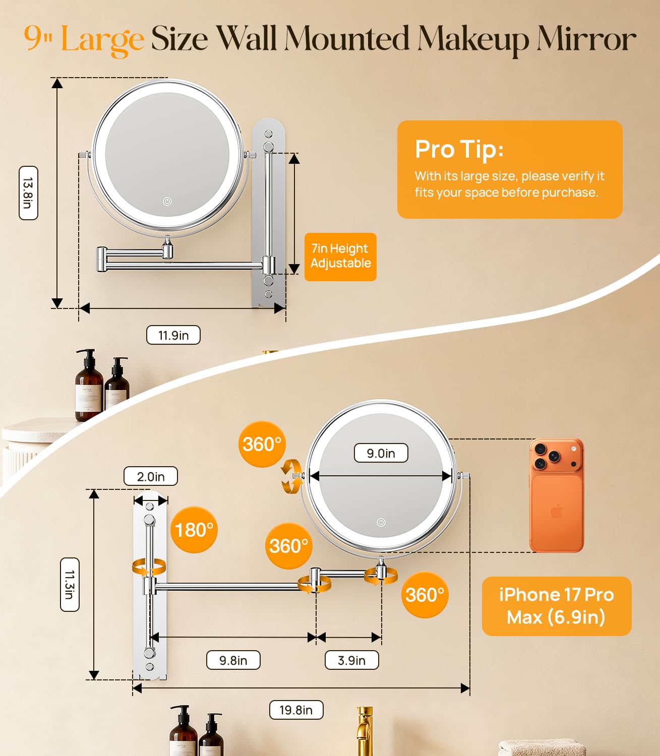 Gospire 9” Wall Mounted Lighted Makeup Mirror with Magnification 10X, 7in Height Adjustable Vanity Lighted Mirrors for Bathroom Wall, 360° Extended Arm Shaving Wall Mirror with Lights - Chrome