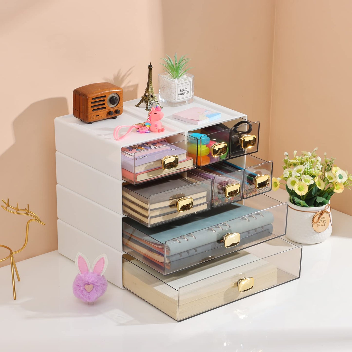 OSteed Spacious Desktop Storage Box, 2 Large Storage Drawers, Stackable Office Desk Drawer Organizer and Accessories, Printer Paper Organizer, White Plastic Drawers for Workspace