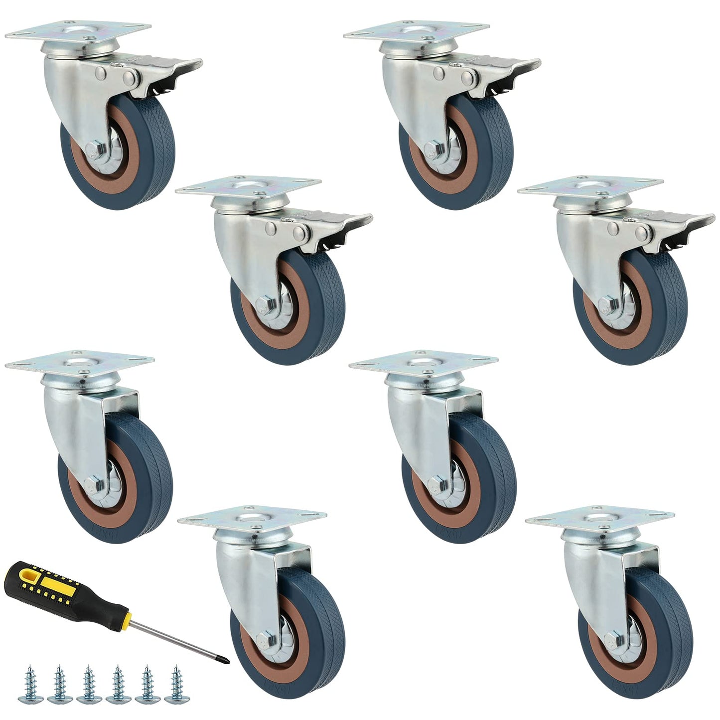 MOUYAT 8 Pack 3 Inch Caster Wheels, 880lb Capacity Heavy Duty Swivel Plate Casters, 360 Degree Caster Wheels for Furniture, Workbench, Movers Dollies (4 with Brake, 4 Without)