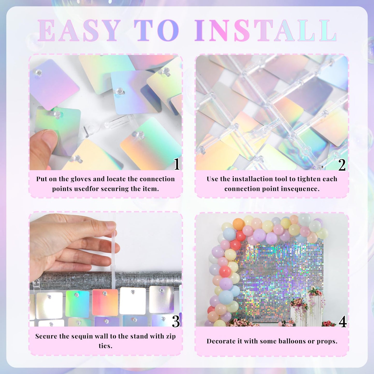 Shimmer Wall Backdrop Iridescent Silver Wall Panels 12Pcs Square Sequin Shimmer Wall Backdrop Decoration for Birthday Party,Wedding, Anniversary