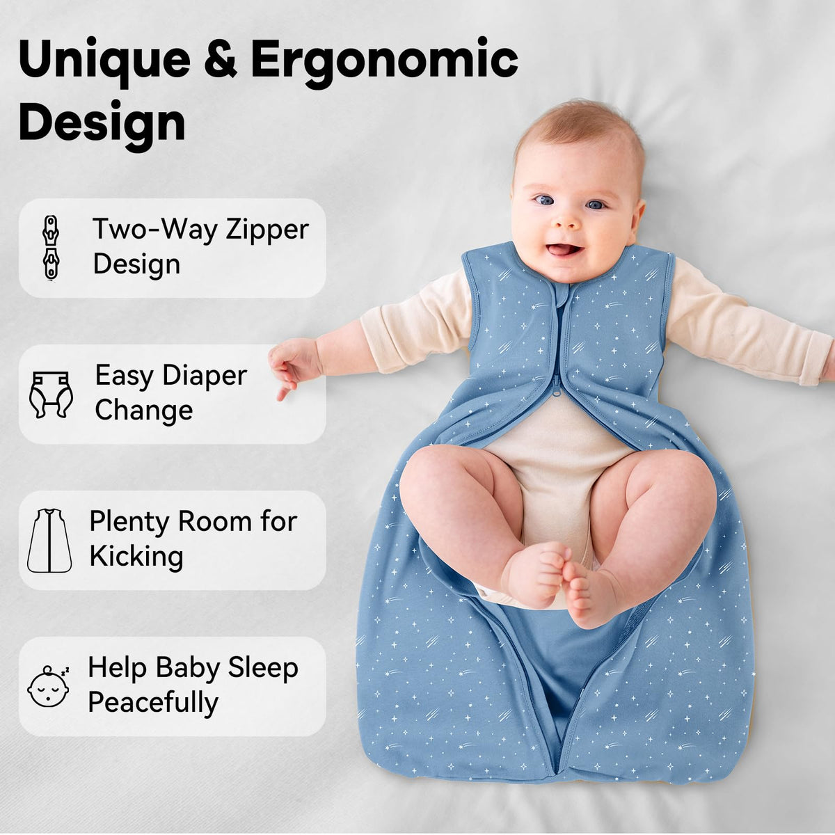 Unnivoll Baby Sleep Sack 12-18 Months 3 Pack 100% Cotton Lightweight 0.5 TOG Wearable Blanket Baby Sleep Bag with 2-Way Zipper for Infant Toddler Blue