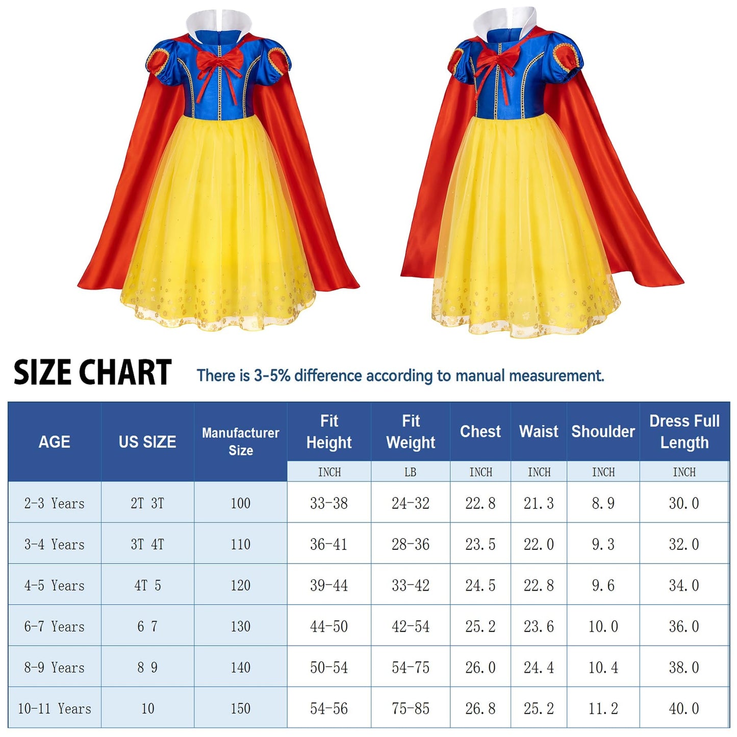 Princess Snow White Dress Costume for Toddler Girls Birthday Halloween Cosplay Party with Accessories 6-7 Years