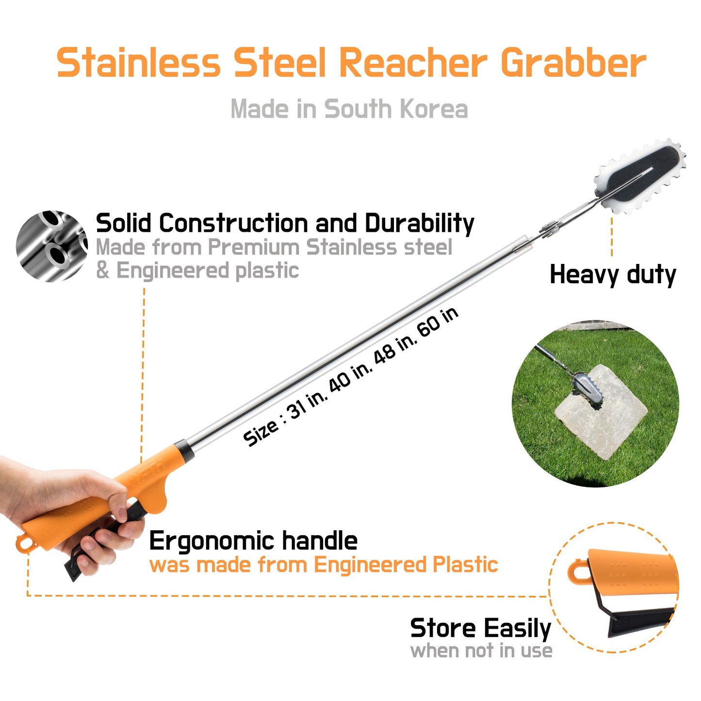 FTH All Stainless Steel Grabber Reacher Pickup Tool Heavy Duty Trash Picker Log BBQ Fireplace pits Snake Tongs… (40 inch)