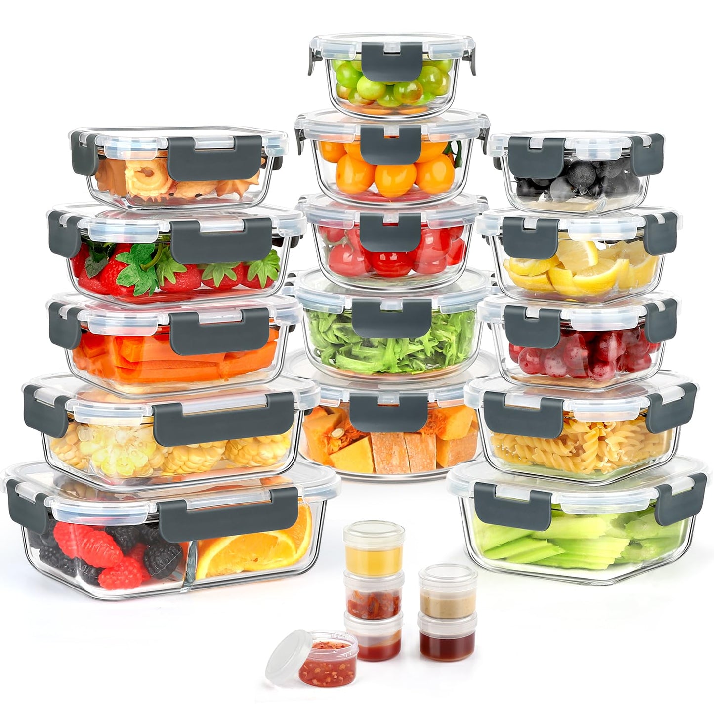 AMALEKO 42pcs Glass Food Storage Containers with Lids Set, 21 Containers & 21 Lids Glass Meal Prep Containers with Snap Locking Lid Set, Leak Proof Lunch Container BPA-Free,Grey