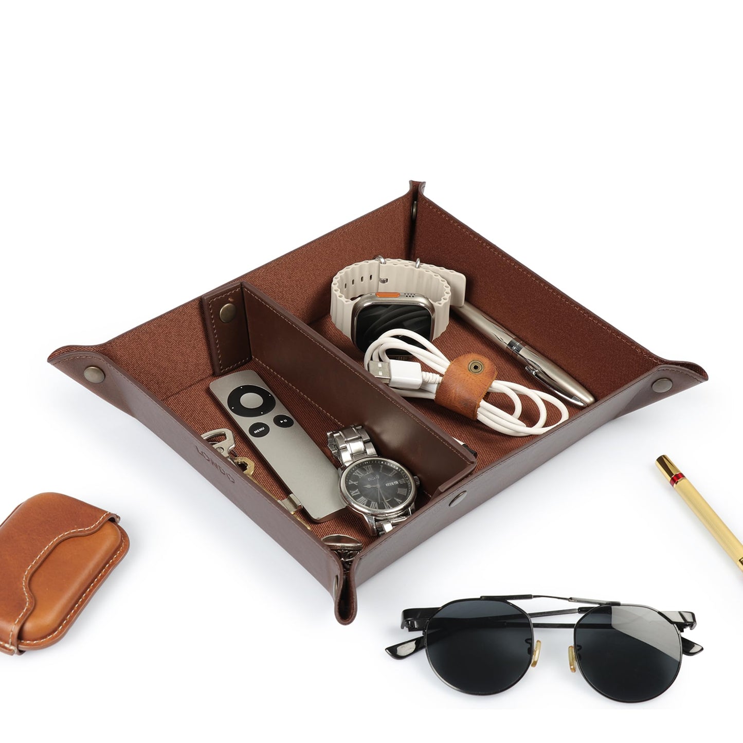 Londo Leather Tray Organizer Caddy, Practical Storage Box Valet for Wallets, Watches, Keys, Coins, Phones, Sunglasses and Office Equipment