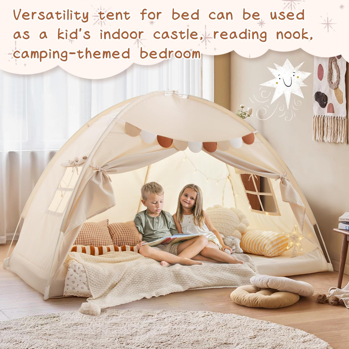 Bed Tent for Indoor Use - Privacy Kids Tent on The Bed, Sleep Inside Drafting Room, Twin Bed Blackout Space Canopy (Natural)