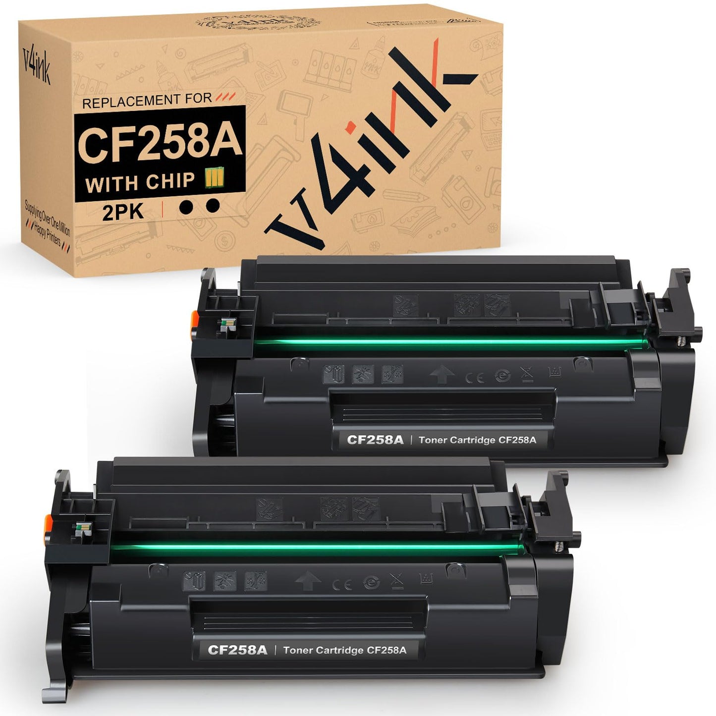 v4ink 58A CF258A Black Toner Cartridge (with Chip) Compatible Replacement for HP CF258A 58A 58X Toner Cartridge for HP Pro M404dn M404n M404dw MFP M428fdw M428fdn M428dw M406dn M430f Printer, 2 Pack