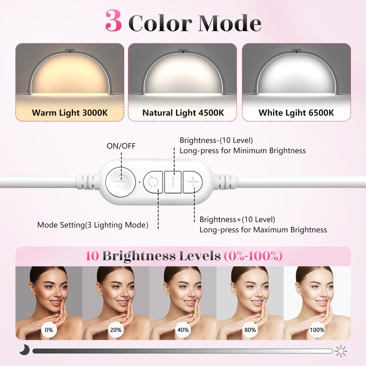 Yokilly Half Moon Light for Nail Desk: 29" Foldable Half Moon Nail Desk Lamp with Phone Holder for Beginner - Arch Tech Light with 3 Color Modes & 10 Brightness for Manicure Salon (White, Large)