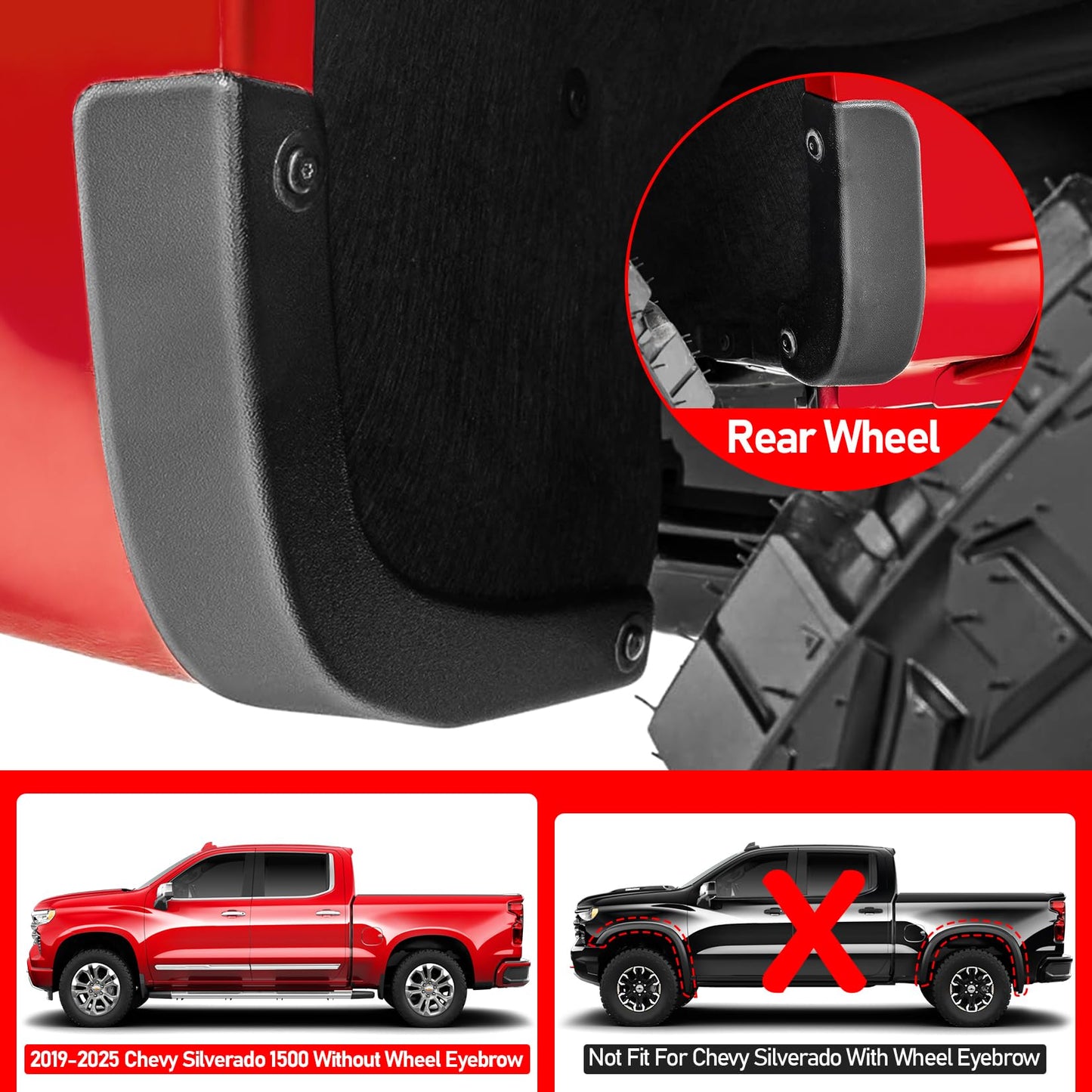 XWQZ Mud Flap Delete Fit for Chevy Silverado 1500 2019-2025 Accessories,Mud Splash Guards Mudflaps Delete Compatible with Chevrolet Silverado Tire Protector Exterior Fender Front Rear Set