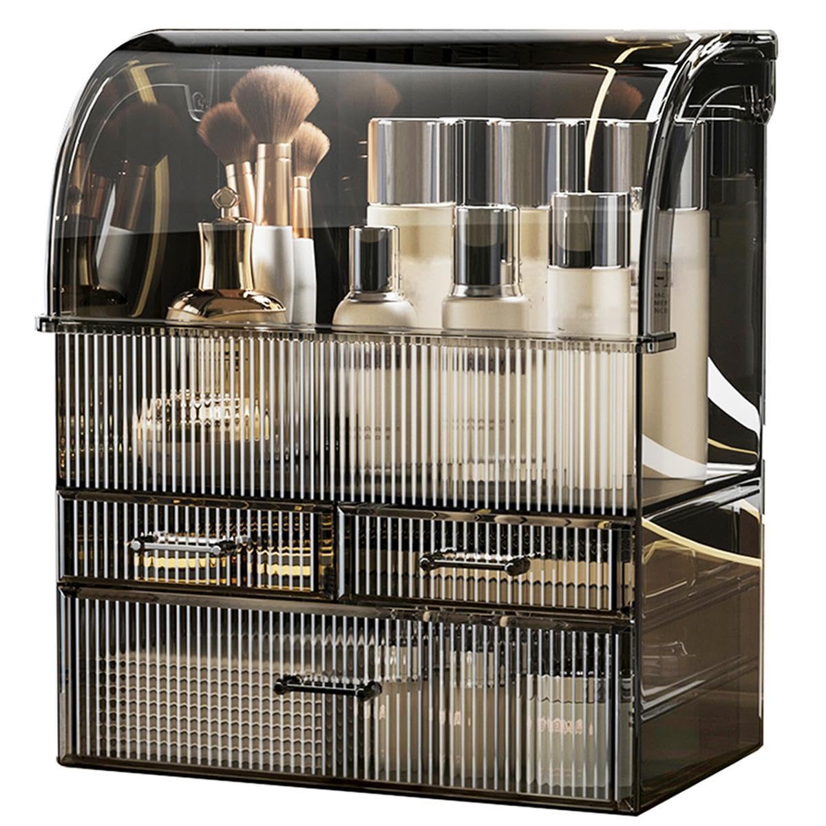 Makeup Storage Organizer, X-Large Acrylic Cosmetics Organizer Skincare Display Case with Drawers, Perfume Makeup Organizer Box with Waterproof Cover for Countertop, Bathroom, Dresser(Black-XL)