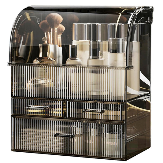 Makeup Storage Organizer, X-Large Acrylic Cosmetics Organizer Skincare Display Case with Drawers, Perfume Makeup Organizer Box with Waterproof Cover for Countertop, Bathroom, Dresser(Black-XL)