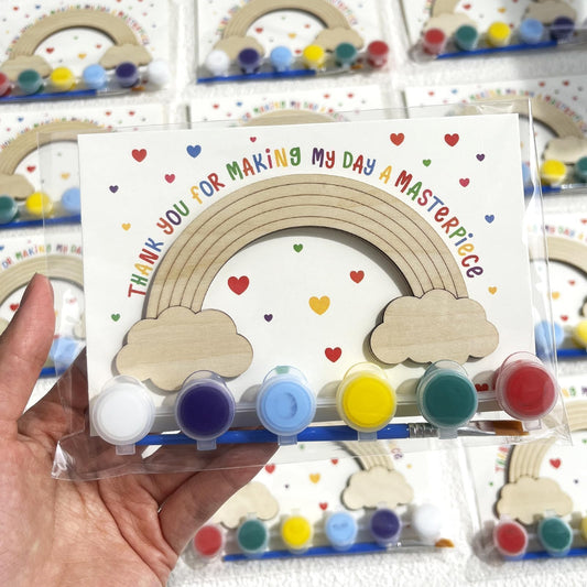 12-Pack Pre-Packaged Rainbow Party Favors for Kids, Wooden Rainbow Cutouts with Magnets & Painting Kits, Birthday Thank You Gifts for Guests, Rainbow Theme Party Decorations