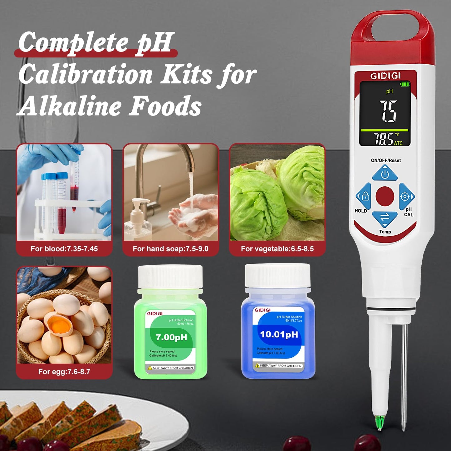 GIDIGI Digital pH Meter for Food Professional pH Meter for Fermentation with pH Calibration Kits (4.00/7.00/10.01) Spear Tip pH Food Tester Probe for Cheese Sourdough pH Test Strips for Food Acidity