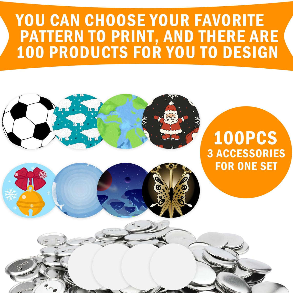 300pcs Button Making Supplies, 58mm/2.28 inch Full Metal Blank Buttons Round Badge Pin Button Parts with Transparent Film Button Making Kit for Machining Wearing Buttons and DIY Crafts