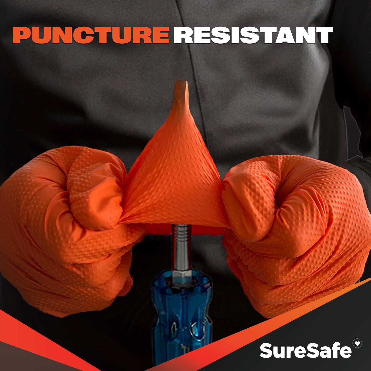 [200 Pack] SURESAFE 8 Mil Nitrile Gloves Large, Orange Mechanic Gloves Disposable Heavy Duty, Powder & Latex Free, Diamond Grip, Fully Textured & Ribbed, For Work, Mechanics, Plumbing