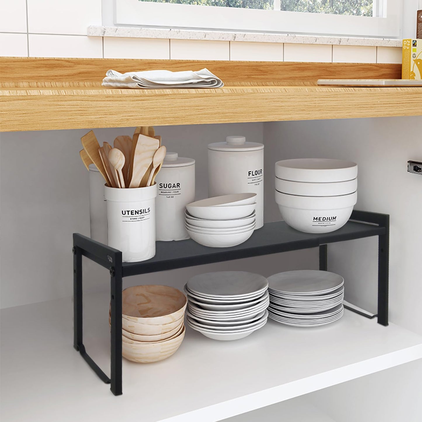 Expandable Cabinet Shelf 13.8-26"(L), Stackable Kitchen Counter, Kitchen Spice Rack Pantry, Djustable Cupboard Organizer Storage Rack for Office (Black,2pack S)