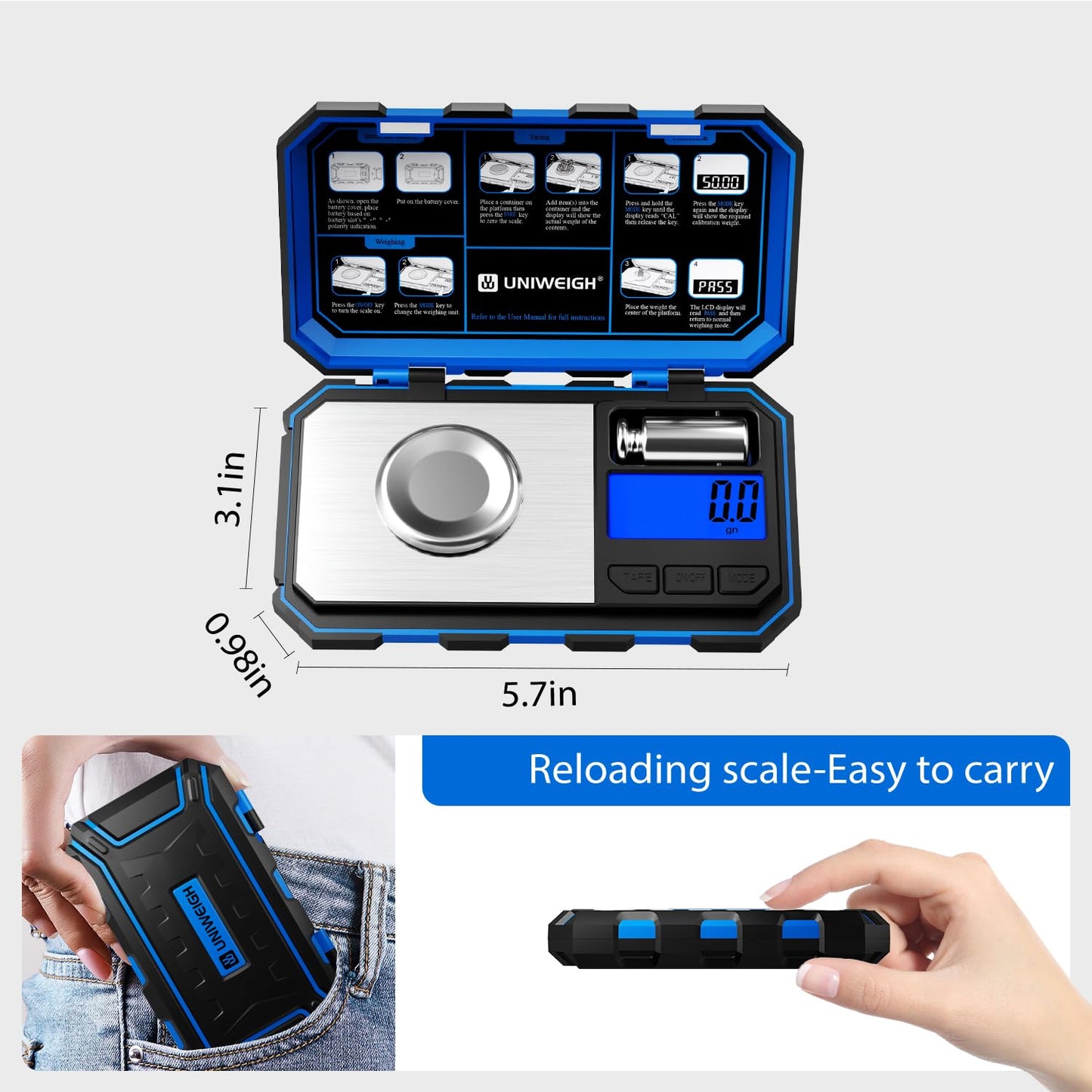 UNIWEIGH Digital Reloading Scale Precision 1500 Grains x 0.1gn,Powder for Reloading, Grain Scales with LCD Display/Tare/Calibration Functions,Microgram Scale Pocket,Includes Batteries