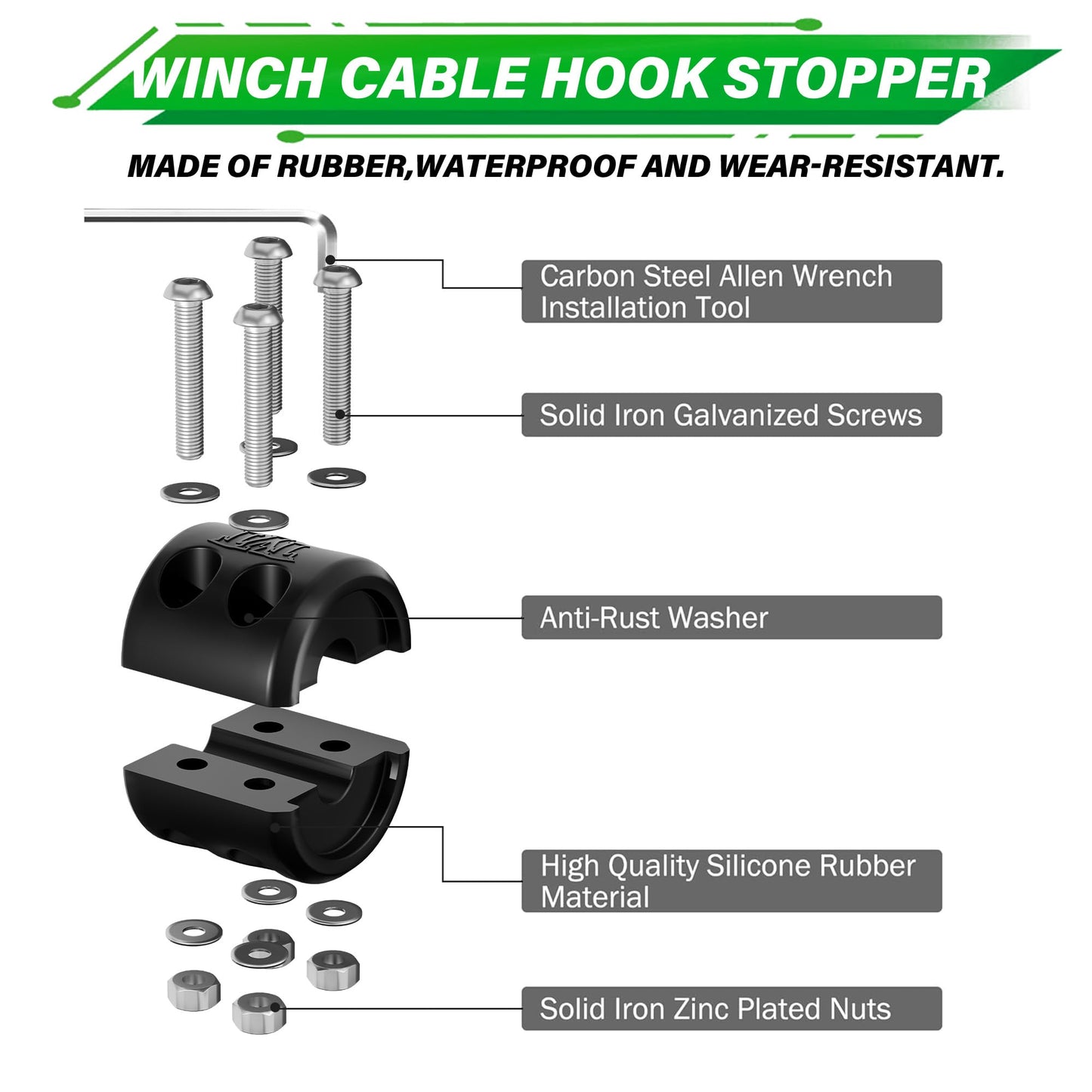 TYT Synthetic Winch Rope Kit, 1/4" x 50' (10,000 lbs) with Protective Sleeve, Heavy-Duty Hook, Rubber Stopper & Safety Pull Strap, for ATV/UTV and Off-Road 4x4 Vehicles (Green)