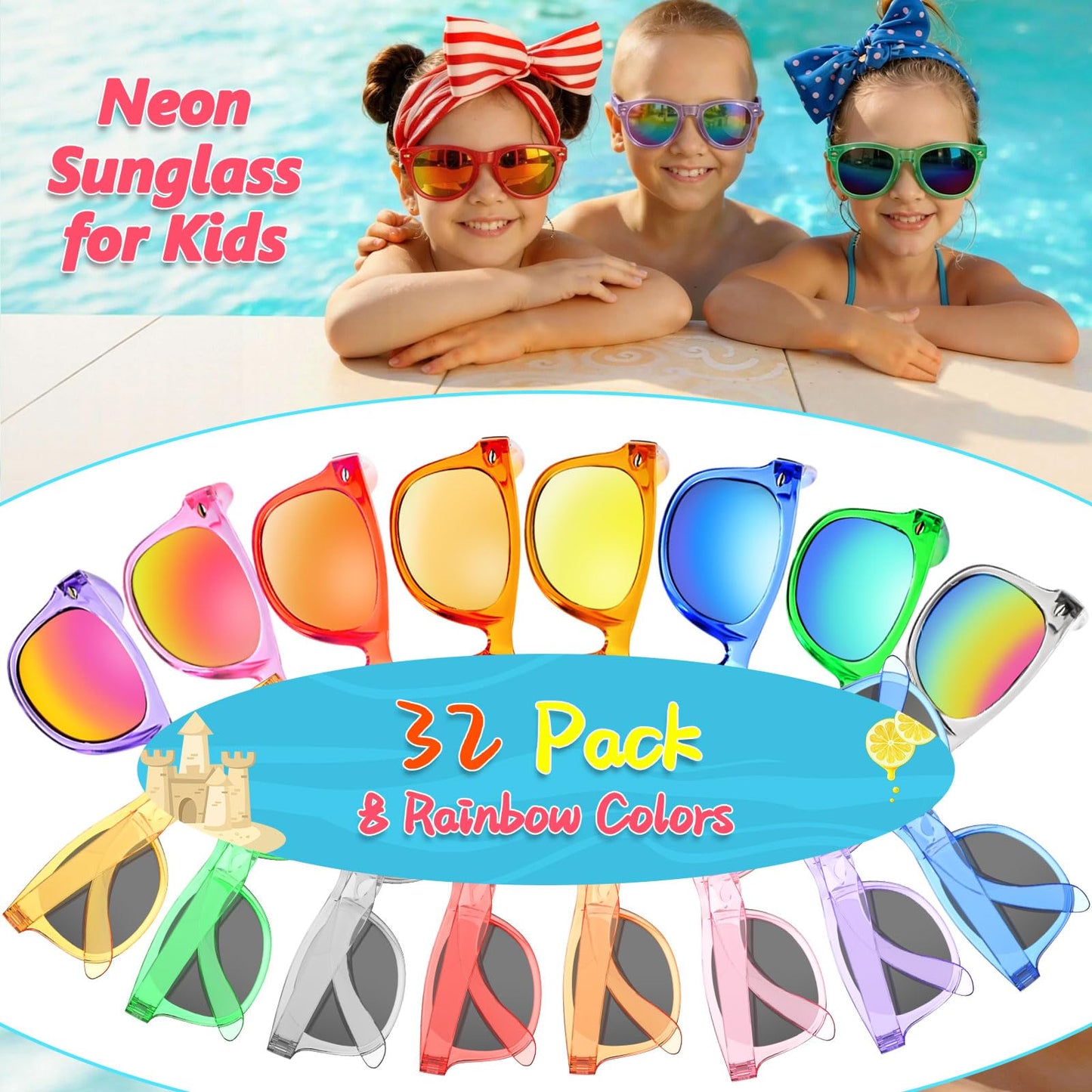 Rugort Kids Sunglasses 32 Bulk Party Favors, Toddler Boys Girls Age 3-8 Birthday Favor Summer Goodie Bags Stuffers, Neon Sunglass with UV 400 Protection for Students Valentines Easter Day Gifts