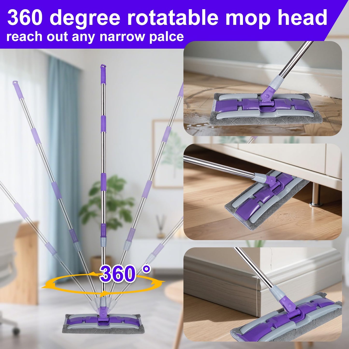 ITTAHO Microfiber Mops for Floor Cleaning ,Wet Dry Flat Mop with Stainless Steel Telescopic Handle,4 Reusable Mop Pads , Dust Mop for Hardwood Floors ,Home,Laminate,Tile,Hardwoods Cleaning (Purple)