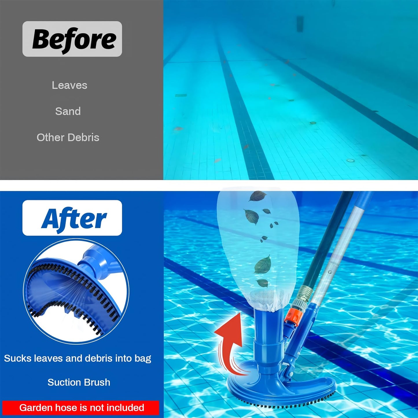 60" Portable Pool Vacuum Half Moon Jet Underwater Cleaner and Leaf Skimmer Net (No Garden Hose Included), 4 Section Pole of Hand Held Portable Pool Vacuum for Above Ground Pool, Spa, Ponds & Fountains