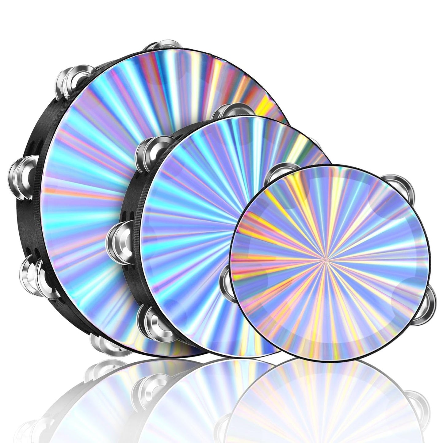 Flexzion Wood Church Tambourine - 6, 8, and 10 Inch Reflective Hand Drums for Adults, Single Row Metal Instrument for Church, Parties, & Musical Events, 3-Pack