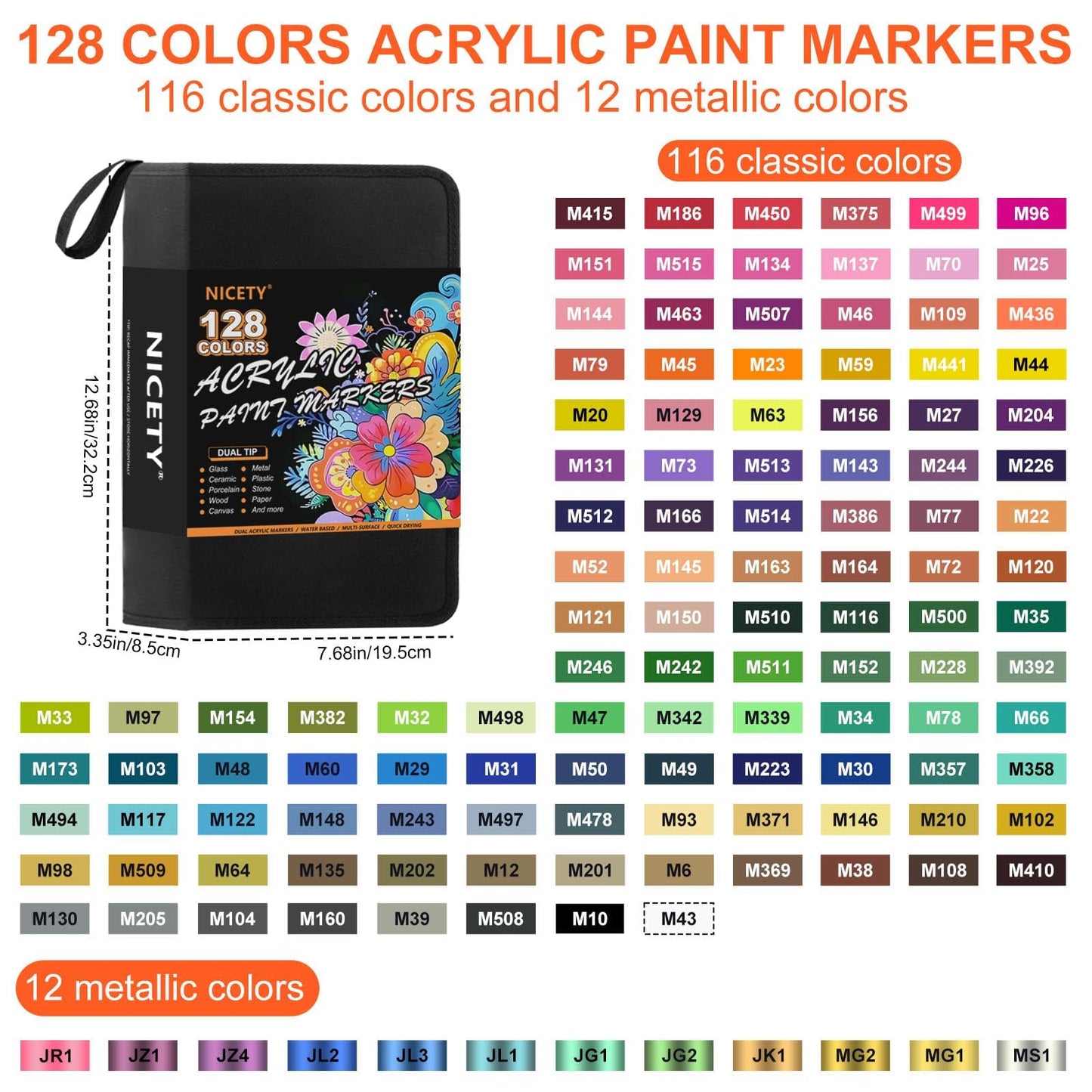 128 Acrylic Paint Markers, Dual Tip Brush Paint Pens for Adult Artists - Fine & Brush Tip Water Based Acrylic Markers for Canvas, Wood, Ceramic, Glass, Metal Surfaces