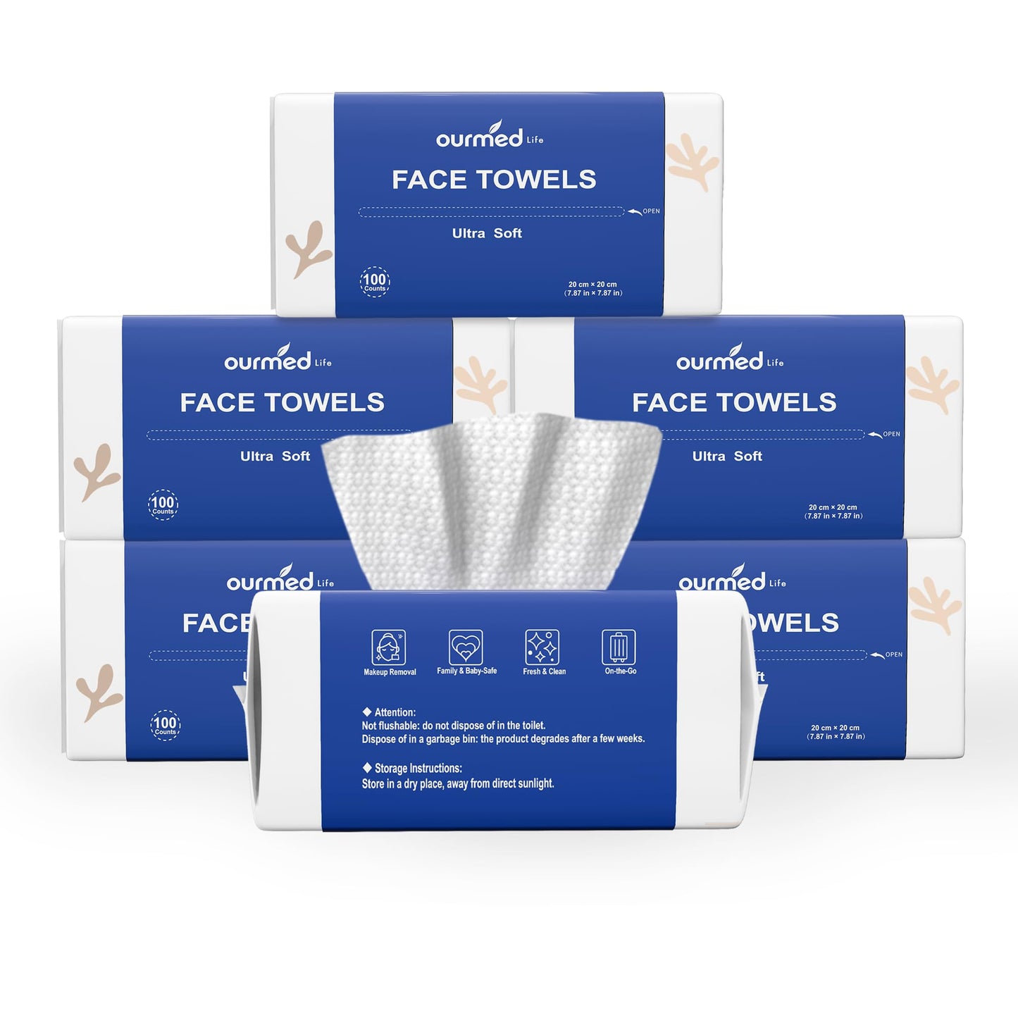 Ourmed Life Disposable Face Towels, Ultra Soft Biodegradable Facial Wipes for Sensitive Skin, Dry Wipes for Makeup Remover & Skincare, Travel Pack - 600 Count