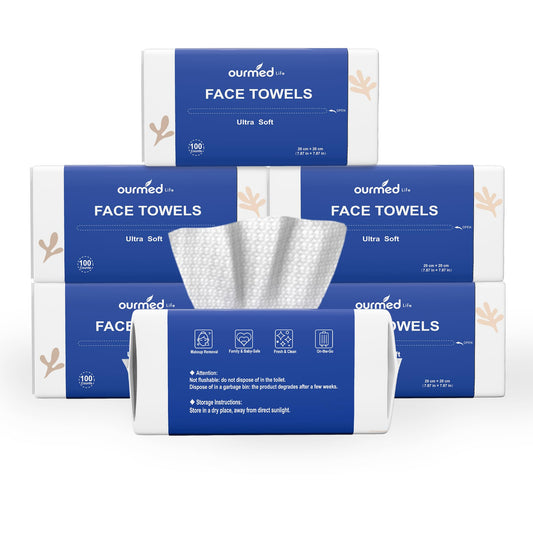 Ourmed Life Disposable Face Towels, Ultra Soft Biodegradable Facial Wipes for Sensitive Skin, Dry Wipes for Makeup Remover & Skincare, Travel Pack - 600 Count