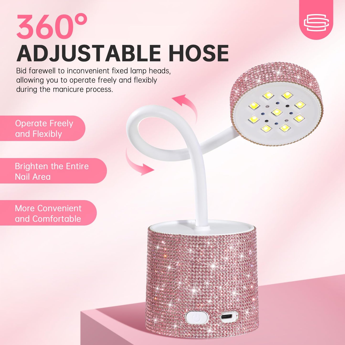 CHRISTINE SHELLY UV LED Nail Lamp, Mini UV Light for Gel Nails Polish, Rechargeable LED Flash Cure Nail Dryer, Quick Drying Goosenecks UV Nail Lamp for Home Nail Salon DIY Manicure, Pink Diamond