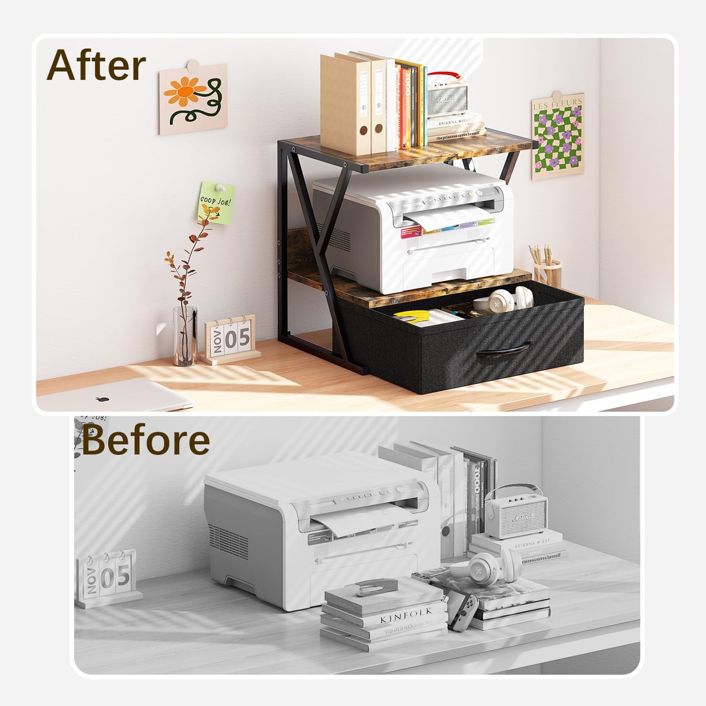 aboxoo Printer Stand for Desk with Storage Drawer, 2 Tier Desktop Or Under Desk Shelf, Multi-Purpose Desks Organizer for Home Office, fit Fax Machine/3D Printer/Scanner, Rustic Brown