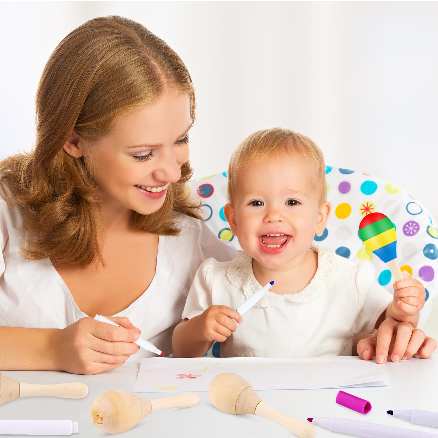 BOUBONI 40Pcs DIY Wooden Maracas for Kids, Mini Maracas for Mexican Fiesta Party Favors with 24Pcs Multicolor Pens, Cinco De Mayo Party Supplies