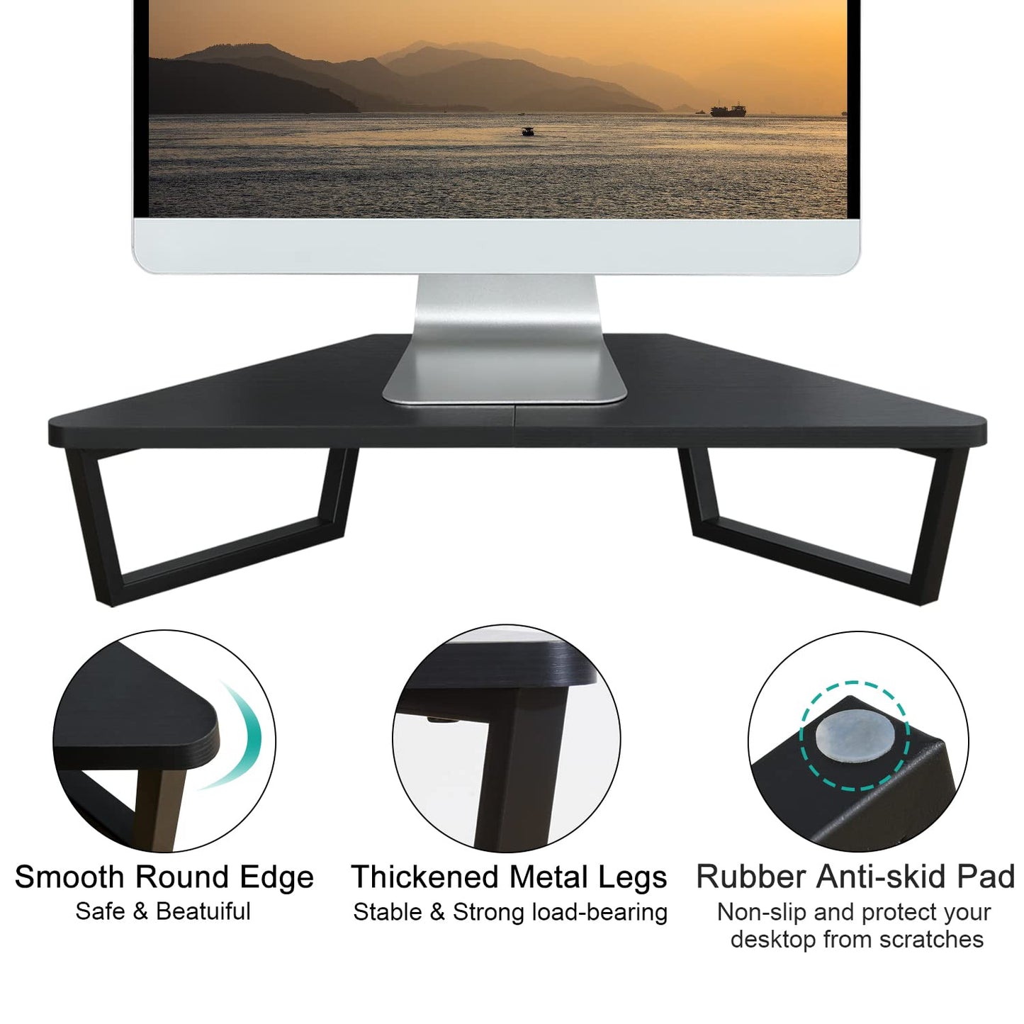TEAMIX Triangle Monitor Stand Riser-26 inch, Desktop Corner Shelf with Metal Leg Wood Computer Stand with Storage Laptop Riser Office Organization