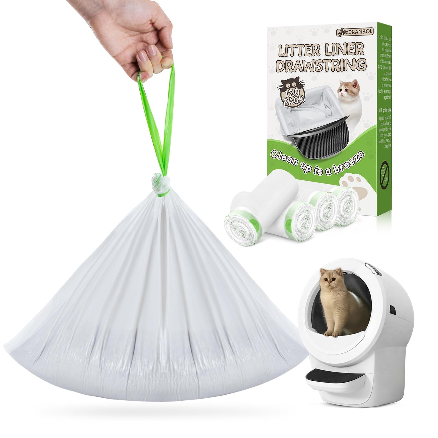 Dranbol Litter Box Liners, 120 Count Jumbo Cat Litter Bags, Easy Clean Up Thick Large Kitty Litter Liners for Litter Box, Drawstring Cat Litter Box Liner Bags for Litter Box Robot 4 and 3