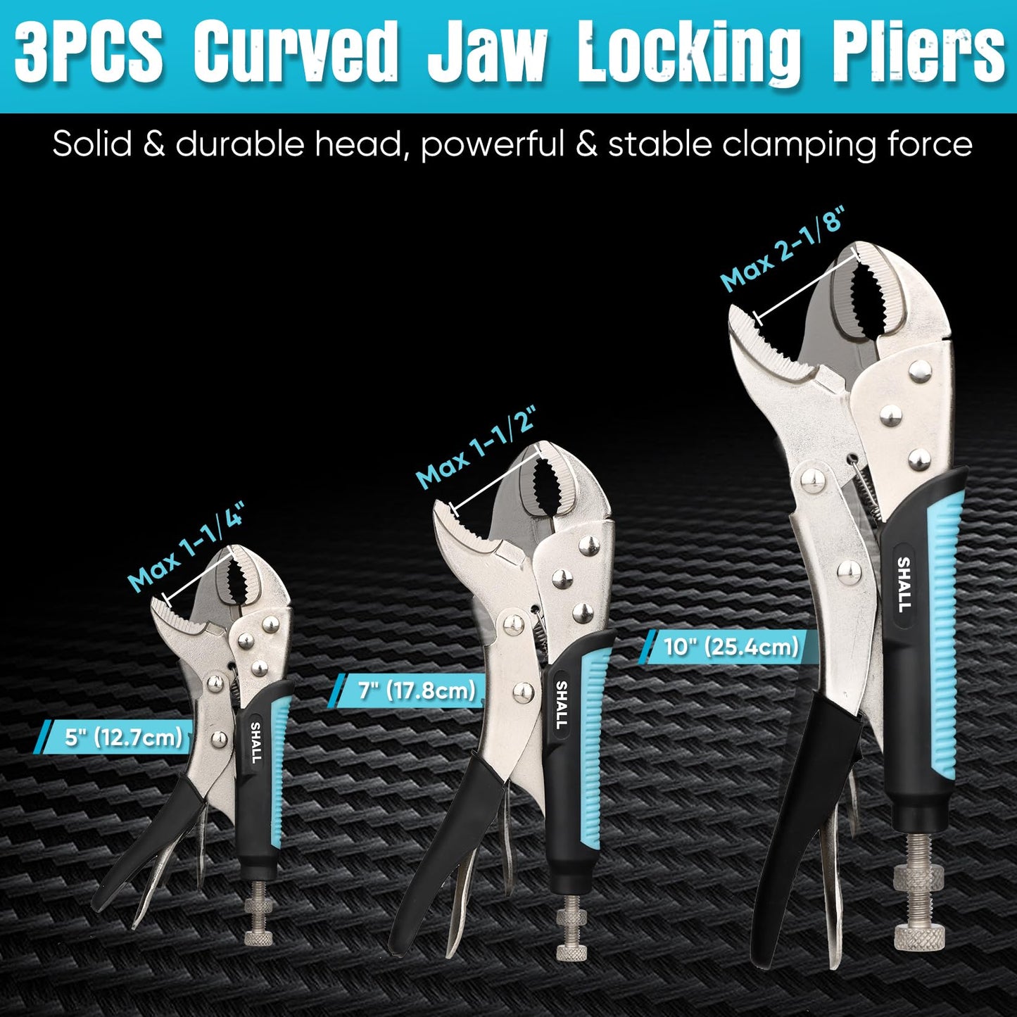 SHALL 6-Piece Locking Pliers, Vice Grips Pliers Set, 5",7" & 10" Curved Jaw, 6-1/2" & 9-1/2 Long Nose Locking Pliers, 6" Locking C-Clamp, Two-Color TPR Handle, Roll Up Pouch Included