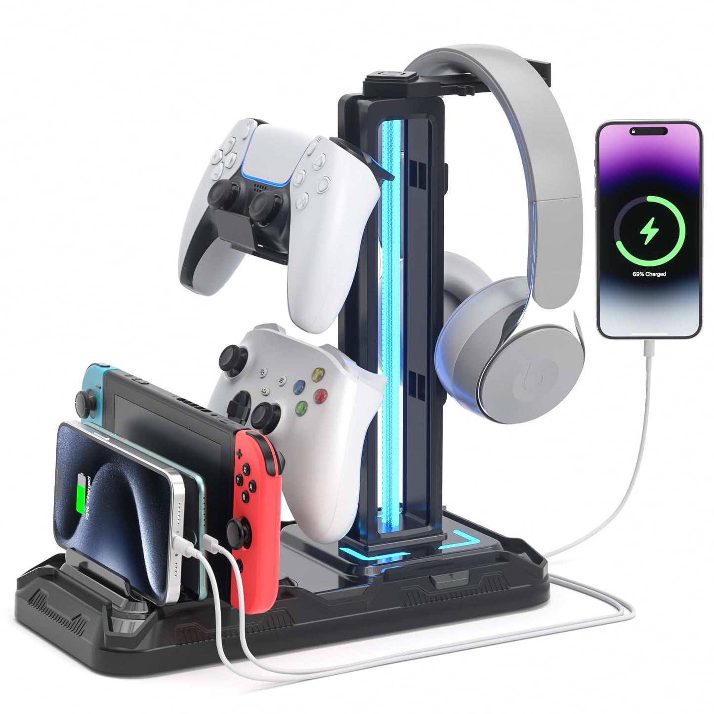 KDD Headset Stand with Phone Holder - Detachable Controller Holder with 9 Light Modes - Rotatable Headphone Hanger with USB Charging Ports - Earphone Hook for Gaming PC Accessories Storage(Black)