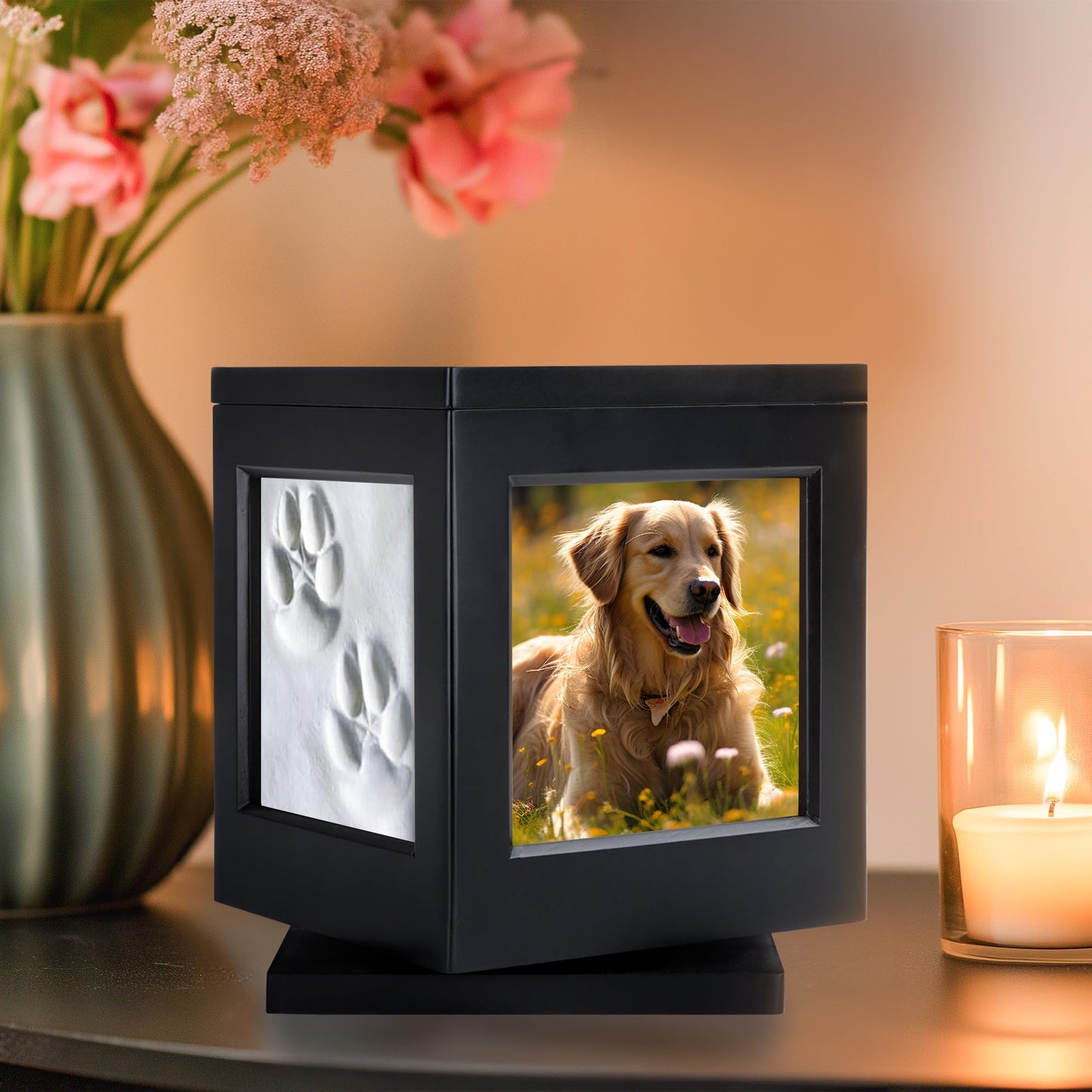 DiDiBirDi Personalized Dog Urn for Ashes, Black Wooden Memorial Keepsake for Cat, Large Funeral Cremation Pet Owner Souvenir with Claw Print and Velvet Storage Bag(75lbs)